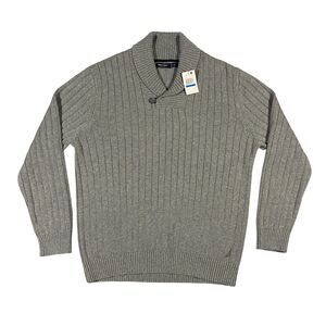 Nautica Shawl Collar Rib Knit Sweater Adult X-Large XL Gray Loop Button Casual